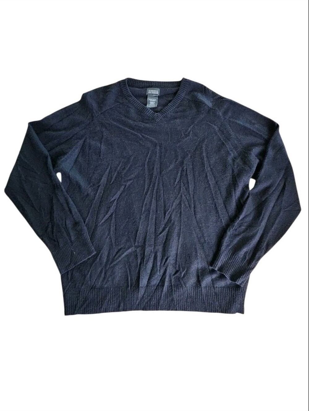 George Men's Cashmere Sweater Black V-Neck Pullover Size Large (42/44) Classic